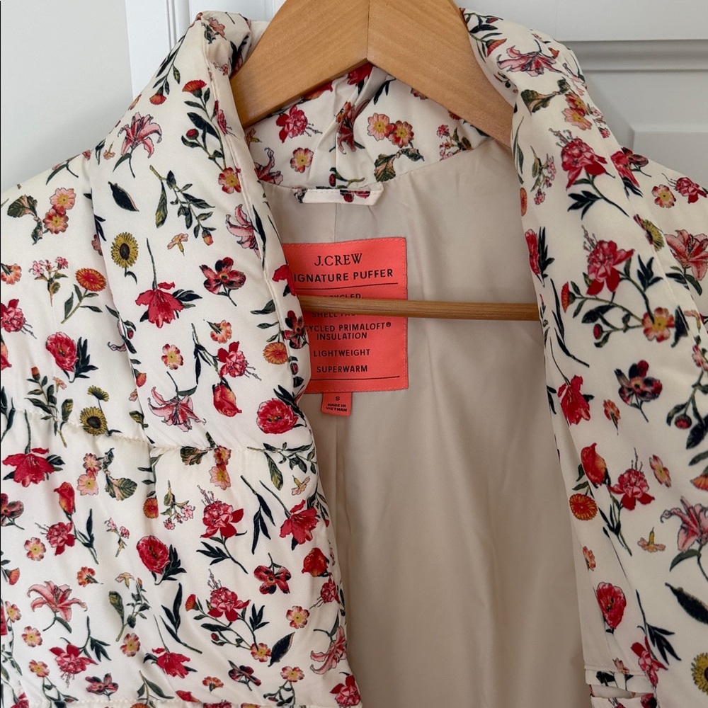 J. Crew Cream Quilted Puffer Jacket with Red & Green Floral Print - Picture 2 of 2